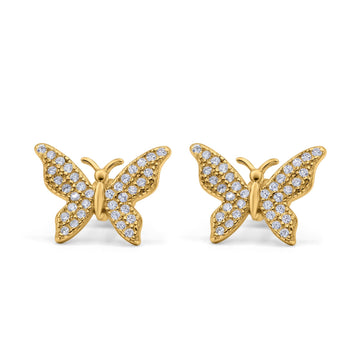 Butterfly Stud Earrings Yellow Tone, Simulated CZ 925 Sterling Silver (14mm)